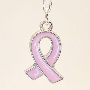 .925 Sterling Silver 20” Chain with Enameled Breast Cancer Ribbon Novelty Charm